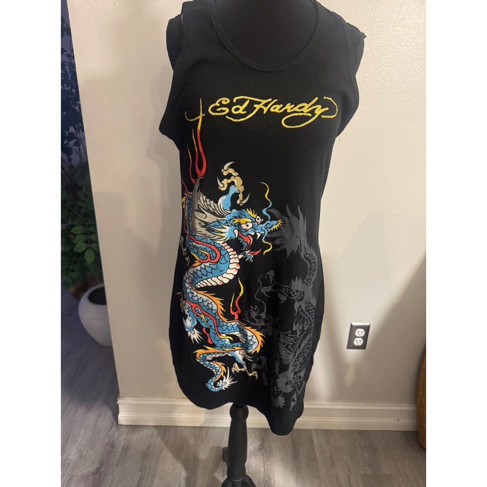 Ed Hardy Womens Black Ribbed Dragon Graphic Tank Dress XL Y2K Streetwear